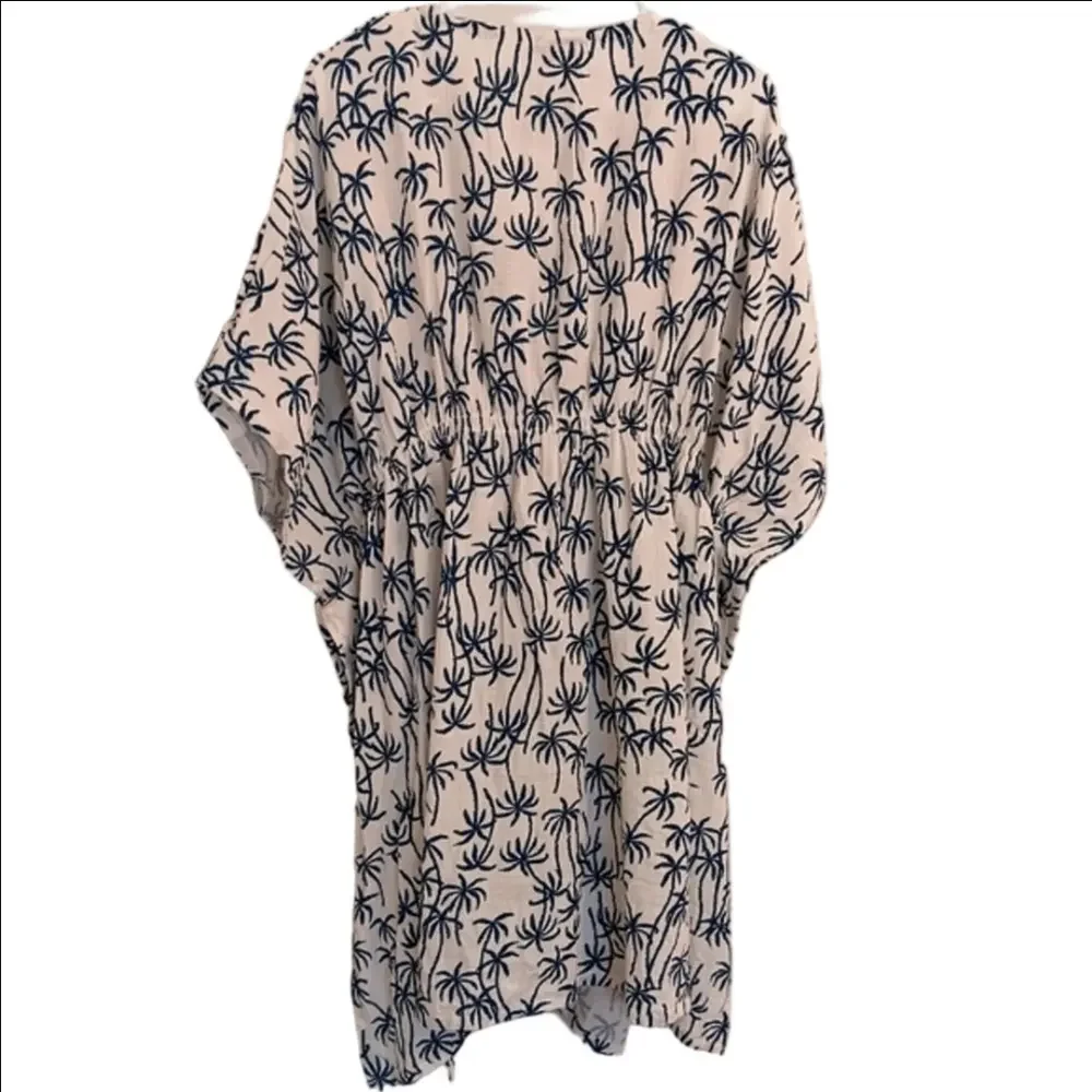 Splendid Tropic Veil Coverup Cream/Dark Teal Cotton Gauze Palms Print Tassel Tie